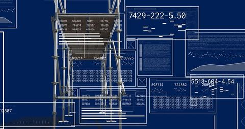 Futuristic industrial scaffolding with digital blueprint elements