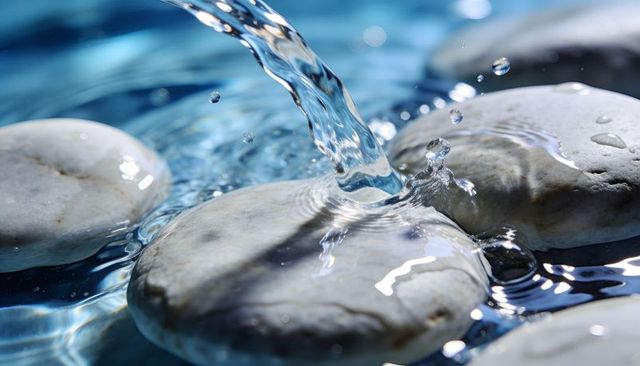 Calming water pouring over smooth white pebbles creating droplets, ripples and reflections