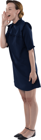 Transparent Businesswoman Shouting in Blue Dress, Expressive Gesture
