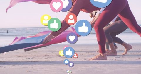 Diverse Women Practicing Beach Yoga with Social Media Overlay
