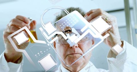 Senior scientist securing laboratory data with holographic padlock interface and sample vial