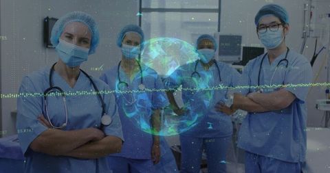 Medical Team with Holographic Globe in Operating Room