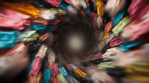 Spiraling crowd creating tunneled vortex with colorful motion blur trails and concentric swirl