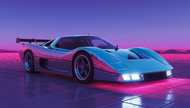 Retro-Futuristic Sports Car Under Purple Pink Twilight