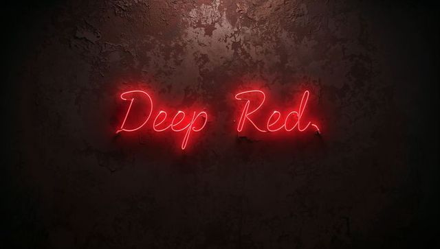 Deep red neon sign glowing on textured plaster wall moody crimson cursive bar interior