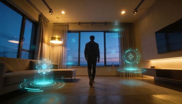 Silhouetted man walking toward panoramic window with futuristic holograms at dusk