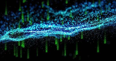 Futuristic digital wave with virtual binary code falling