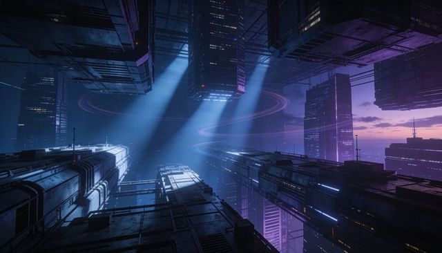 Futuristic megastructure canyon with floating platforms, neon purple rings and cool blue beams