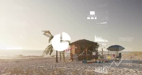 Tropical Beach Hut with Graphic Overlays Illustrating Data Visualization