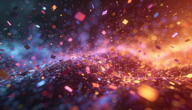 Shimmering multicolor particles flowing over wavy reflective surface with glitter flakes