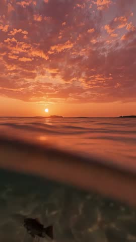 Vertical video: Dark fish gliding over shallow seabed at golden sunset with glowing clouds