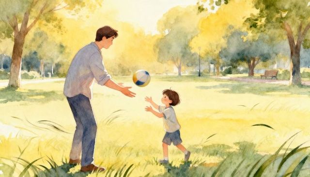 Father playing catch with son in sunlit park watercolor illustration warm family moment