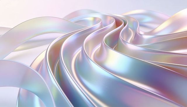 Iridescent pearlescent ribbon folds with glossy pastel metal sheen, abstract swirls