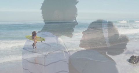 Romantic Couple at Beach with Surfer Overwriting Beautiful Waves