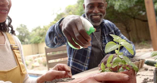 Happy African American man watering plants with spray bottle in garden, smiling. This scene captures the joy and teamwork of gardening, suitable for using in articles, blog posts, and advertisements related to outdoor activities, community gardening, sustainable living, and DIY gardening projects.