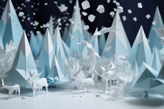 White and blue origami forest and animals in winter, created using generative ai technology. Nature, seasons, wildlife and paper craft concept digitally generated image.