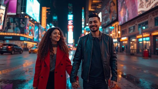 Couple walking hand in hand on neon-lit wet city street at night, romantic nightlife