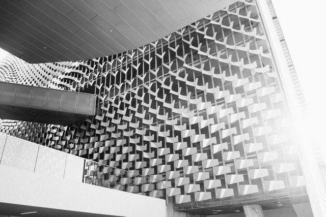 Abstract geometric patterns of metallic architecture captured in black and white. Highlights intricate design and modern engineering, great for use in architectural portfolios, urban design studies, and contemporary aesthetic projects.