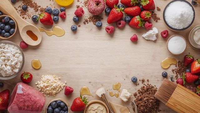 Framing fresh berries, oats, honey on wooden board for breakfast baking and food styling
