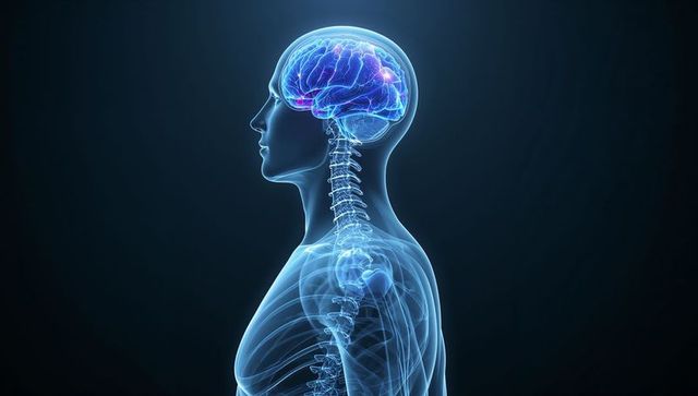 Female Translucent Anatomy with Neon Brain and Spinal Cord, Neural Pathways Highlighted