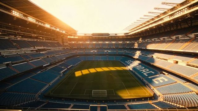 Empty soccer stadium glowing in golden hour with sunlit pitch and blue seats