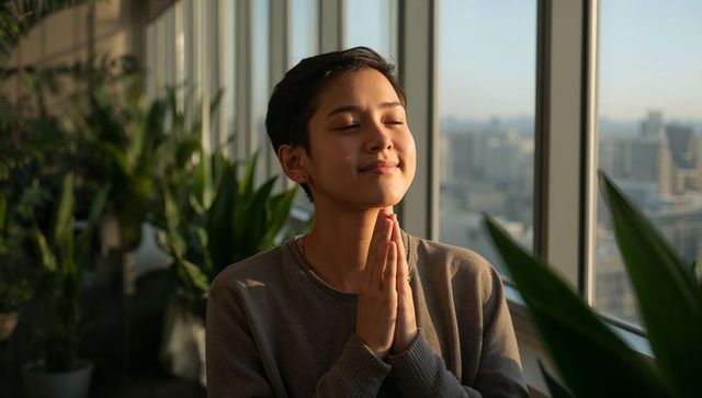 Young woman meditating at sunrise in urban highrise with indoor plants, serene mindfulness
