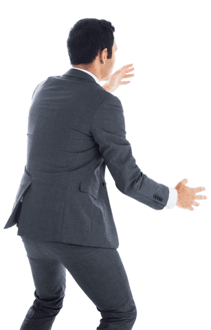 Rear view businessman using vr transparent scene