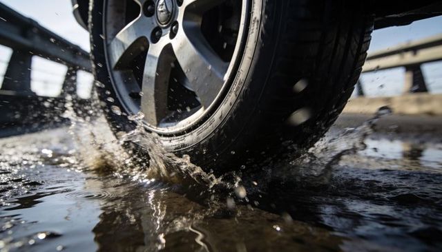 Car wheel splashing through bridge puddle, motion spray and wet road reflections