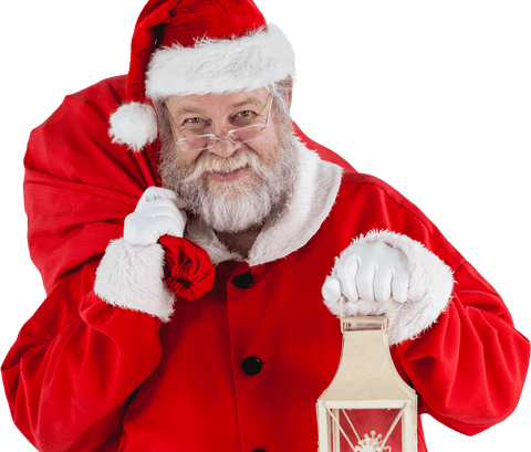 Transparent Portrait of Smiling Santa Claus with Bag and Lantern