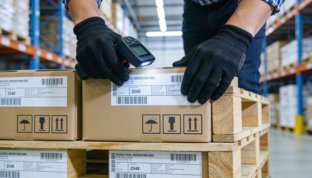 Scanning warehouse inventory on palletized boxes with handheld barcode scanner