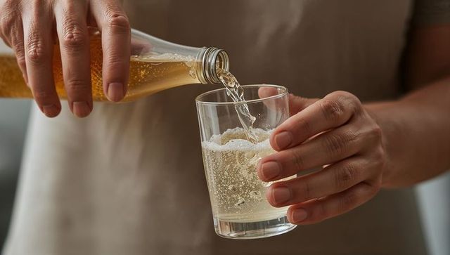 Pouring sparkling beverage into glass tumbler closeup hands holding bottle and glass