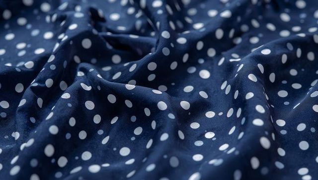 Folding navy polka dot fabric with glossy white dots and soft highlights