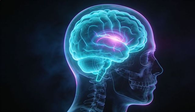 Transparent human head revealing glowing brain activation with skull, jaw and cervical spine