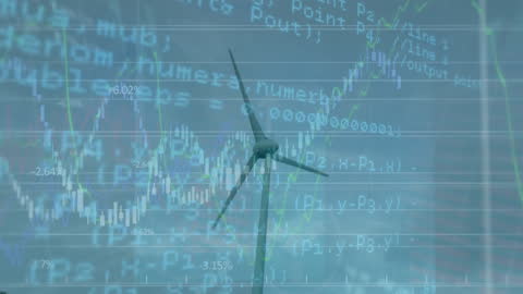 Wind Turbine with Financial Data Overlay Illustrating Renewable Energy Investment