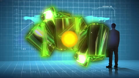 Digital Interface with Crystals and Silhouetted Analyst in Blue Setup