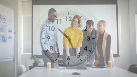 Diverse Team Collaborating With Clock Overlay in Office