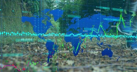 Man running on forest trail with world map and line charts overlay