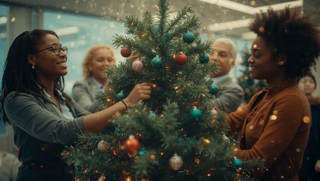 Diverse Team Decorating Office Christmas Tree for Festive Season