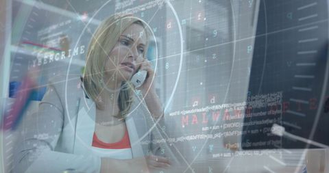 Businesswoman Analyzing Cybersecurity Data in Office