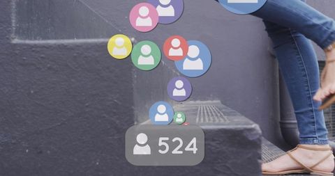 Woman Engaging with Social Media Connections, Multicolored Icons