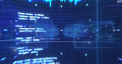 Futuristic Blue Data Tunnel Showing Glowing Code Streams, 3D Grid and Floating UI Panels