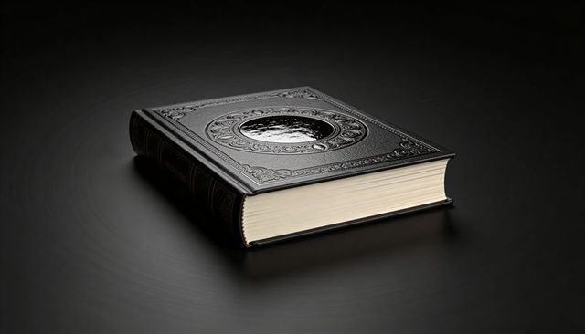 Ornate black leather book resting on dark matte surface with glossy medallion and relief