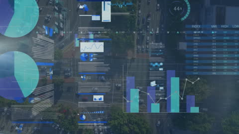 Animated Data Processing Over Urban Cityscape