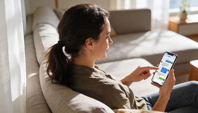 Young woman tapping smartphone while relaxing on sunlit living room sofa, casual home