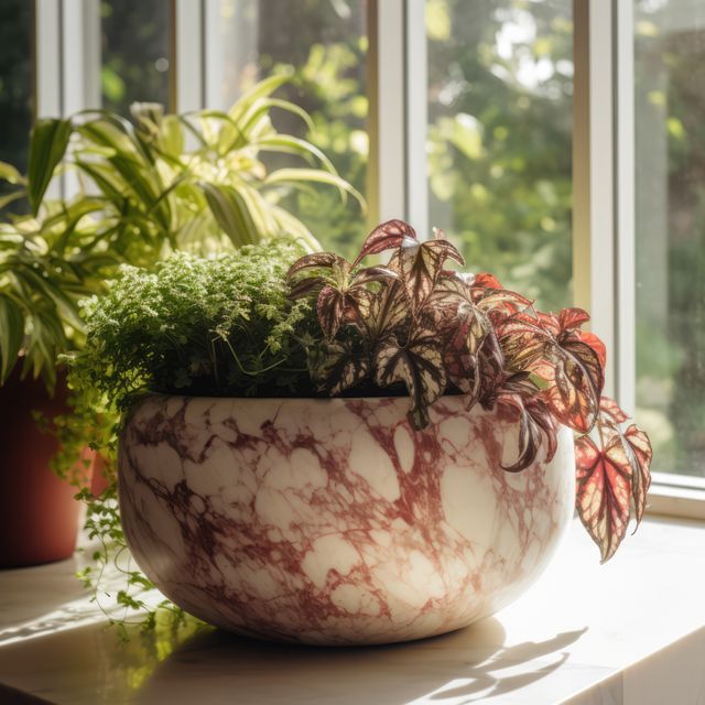 Stylish marble planter with a variety of indoor tropical foliage, placed by sunny window. This adds a touch of nature and elegance to indoor living spaces. Ideal for use in home decor, gardening inspiration, and promoting interior design aesthetics.