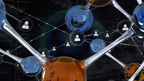 Futuristic Network Connection with Glass Molecules and Digital Icons