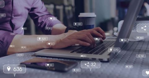 Person Engaging with Technology, Trendy Workspace with Social Icons