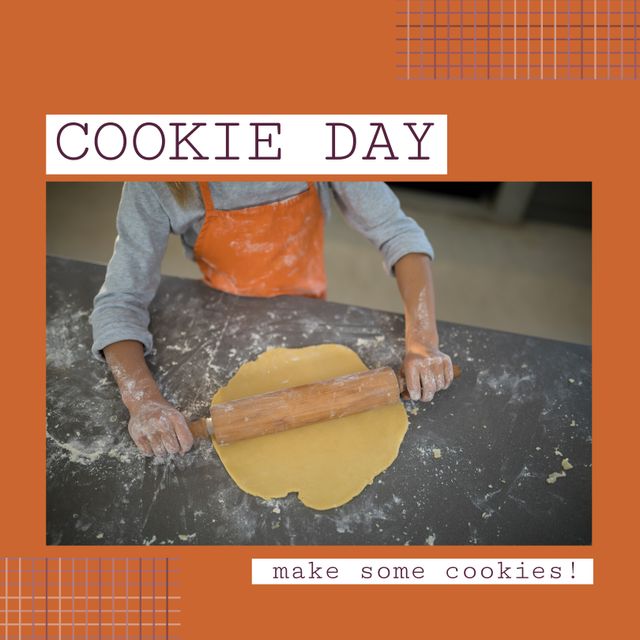 Composition of cookie day make some cookies text over caucasian girl baking cookies. Cookie day concept digitally generated image.