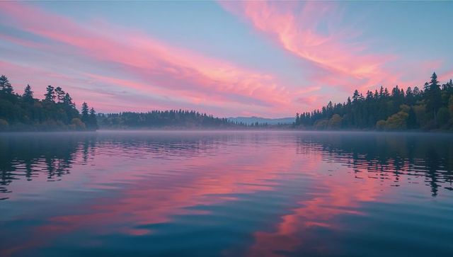Vibrant Sunrise Over Misty Mountain Lake with Reflections