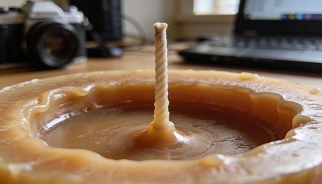 Partly melting pillar candle sitting on wooden desk with twisted wick, camera and laptop